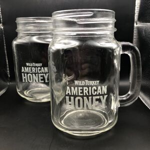 Wild Turkey American Honey Mason Jar Glasses Set of 2 Whiskey Barware Handle